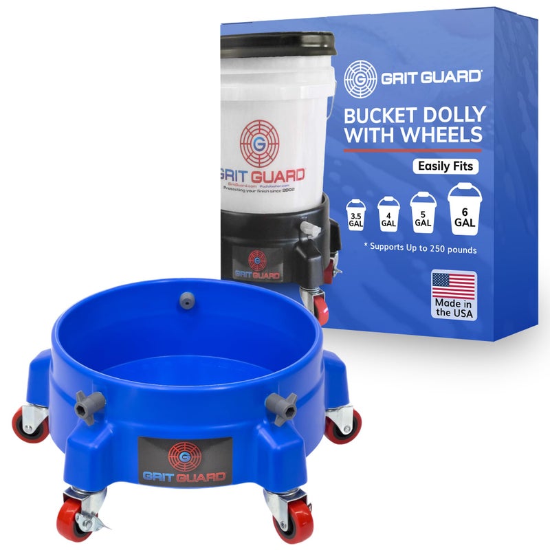 GRIT GUARD Bucket Dolly with Wheels - Rolling Detailing Wash Bucket with 5 Wheels and 2 Locking Casters Compatible with 2.5, 4, 5 and 6 Gallon Buckets (Blue, 2" Red Casters) - Image 1